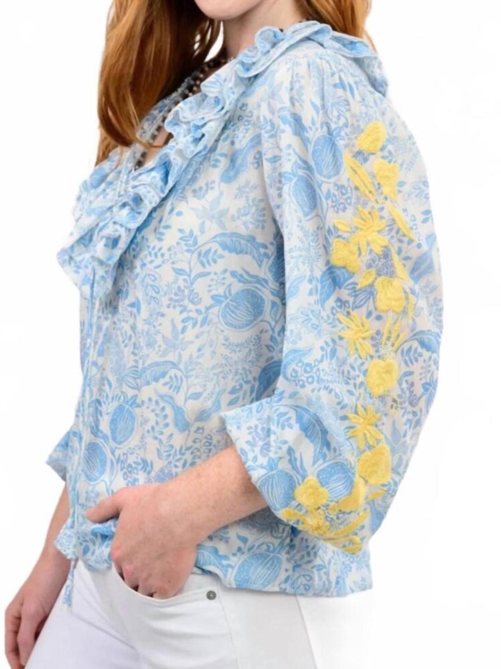 Sister Mary Vivian blue floral with yellow embroidery top- medium